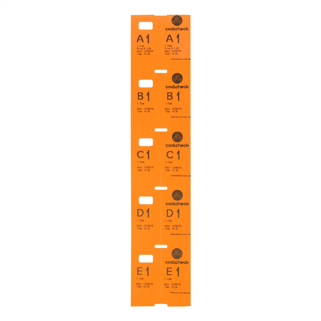 Tickets de guardarropa Coatcheck, 14 rollos x 325 tickets, naranjas