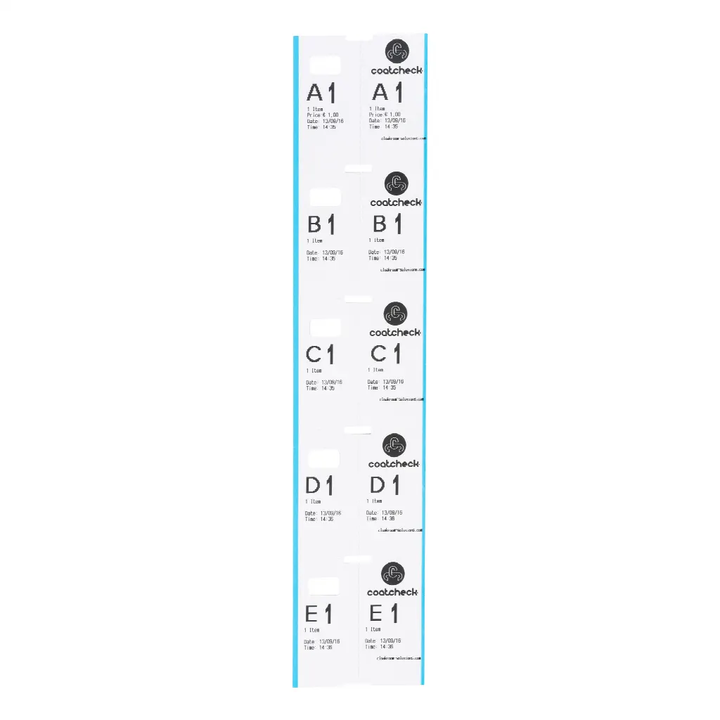 Tickets de guardarropa CoatCheck, 14 rollos x 325 tickets, blancos con borde azul | LMS07